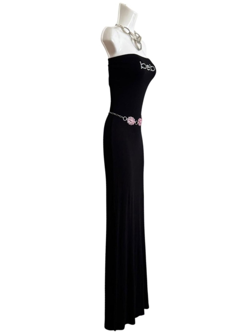 Bebe Black Rhinestone Logo Strapless Maxi Dress Size Medium - Picture 3 of 8